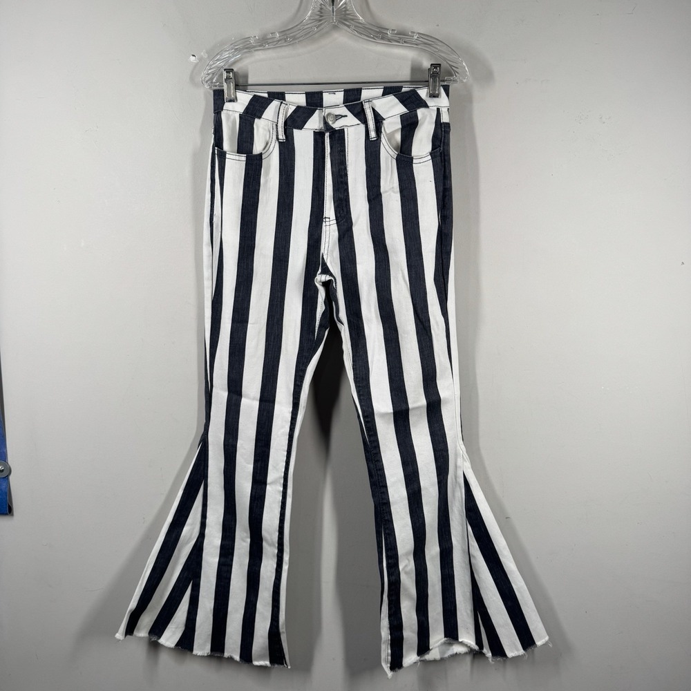 Bestto Striped Super Flare Jeans Womens Sz M Black White Bell Bottom Frayed Hem
